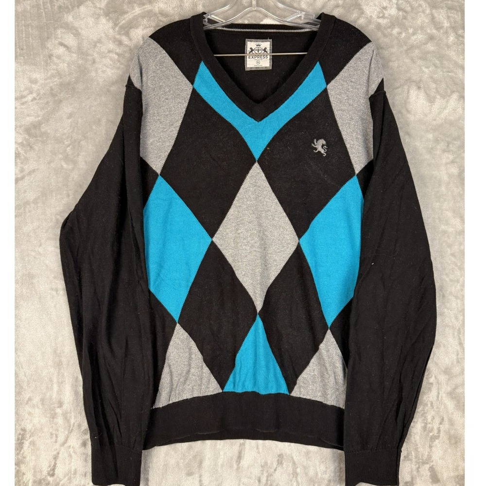 EXPRESS Mens V Neck Argyle Long Sleeve Sweater XL‎ Black Blue Gray